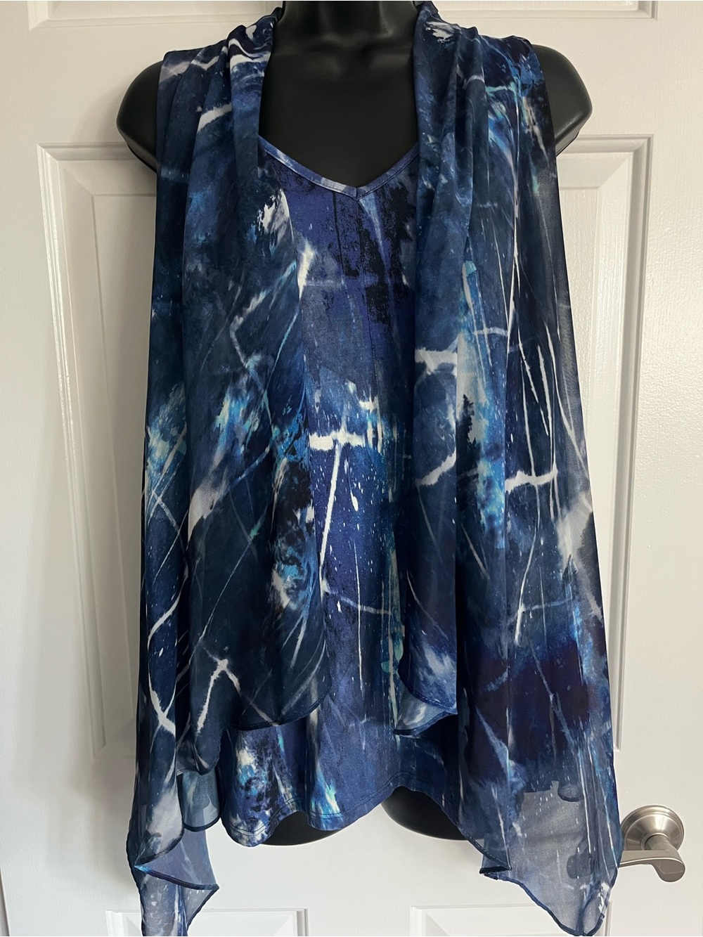 Karen Kane Blue Navy Abstract Layered Chiffon Shell Top Size M